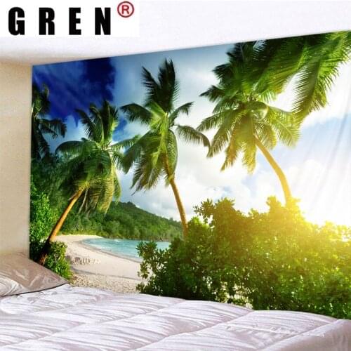 GREN Tapestry Sunset Coconut Tree Landscape Wall Hanging Wall Covering Rugs Background Cloth Beach Mat Blanket Art Home Decor
