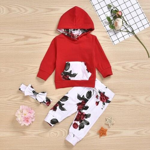 TELOTUNY Clothing sets 2021 New Kids Baby Girls Floral Printed Hoodie Sweatshirt Tops+Pants+Headbands Outfit Childrens suit