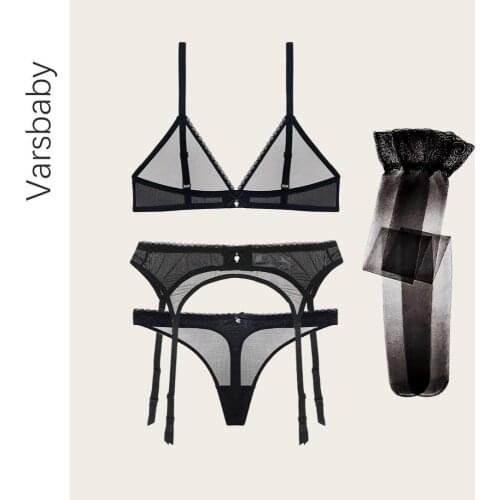Varsbaby sexy new bra+thongs+garter+stockings 4pcs transparent deep V wire free unlined lingerie set