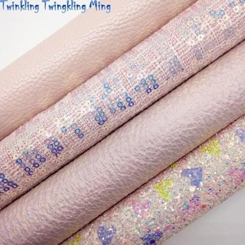 Hearts Printed Glitter Leather, Pink Sequines Fabric, Litchi Faux Leather Fabric For Bow A4 21x29CM Twinkling Ming KM104
