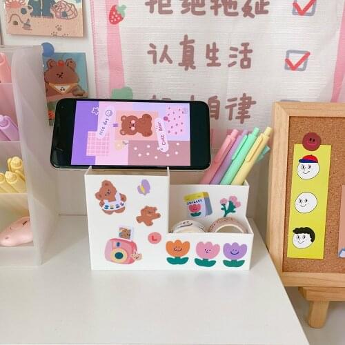Girl Cute Pink White Stationery Jewelry Storage Bag Creative Desktop Organizer Box Kawaii Smile Face Pen Phone Holder Supplies