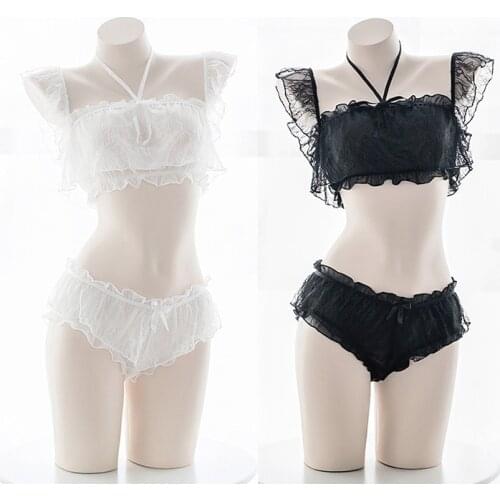 Sexy Women Lingerie Heart Hollow Out Intimates Set Anime Cosplay Camisoles Lolita Transparent Underwear+Tops+Belt Neck Ring