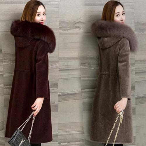 2020 New Winter Women Korean Real Fox Fur Collar Hooded Coat Female Vintage Sheep Shearling Mujer Thick Warm Fur Overcoats H224