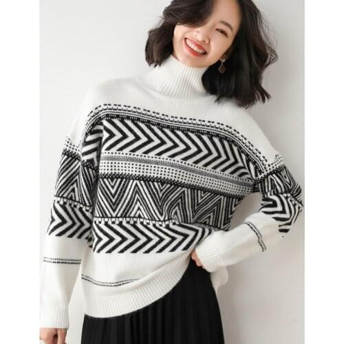 Autumn winters new turtleneck female loose more languid is lazy wind outside wear retro jacquard render knit sweater