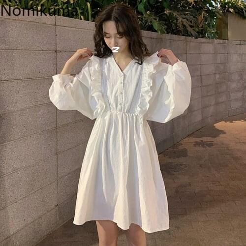 Nomikuma Korean Sweet Women Dress Lace Patchwork Ruffle Long Sleeve Buttons V-neck Dresses 2020 New Slim Waist Vestidos 6B462