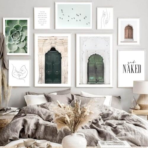 Morocco Marrakech Door Cactus Flower Bird Nordic Poster Line Wall Art Print Canvas Painting Wall Pictures For Living Room Decor