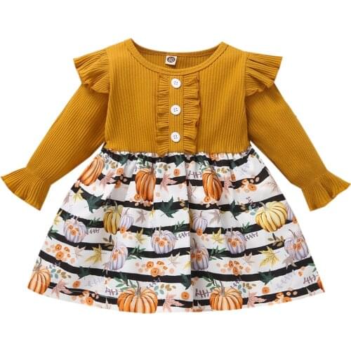 Little Kids Baby Girl’s Casual Long Sleeve Dress Fashion Stripe Pumpkin Print Round Neck A-line Dress 1-4T