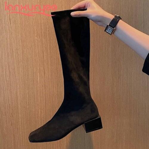 Lanxuryee riding boots microfiber high quality dating square toe thick med heel zipper beauty girls maiden knee high boots L37