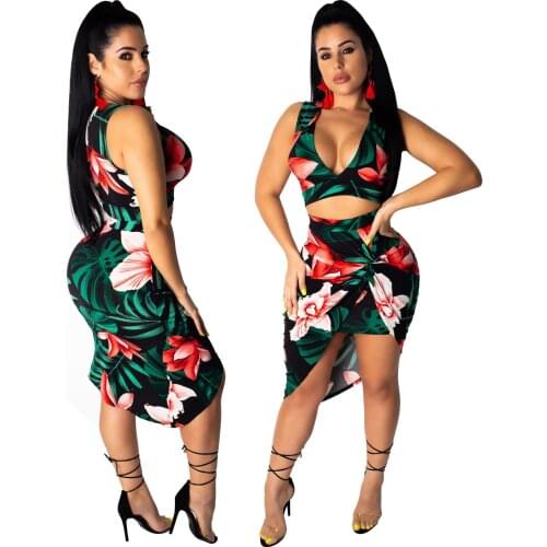 Sexy Deep V-neck Women summer Floral Sets two piece skirt set Print cropped Tank Tops and skirts club outfits crop top