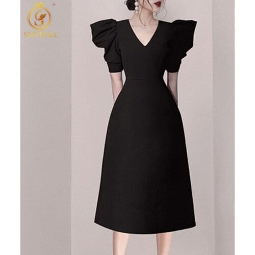 SMTHMA New Fashion Temperament Sexy V-Neck Black Dress High-End Luxury Design Elegant Ladies Dresses Vestidos