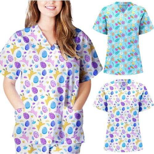 Scrubs Women Uniform Easter Woman Short Sleeve V-neck Rabbit Pattern Tops Nursing Uniform T-shirts uniforme enfermera mujer N