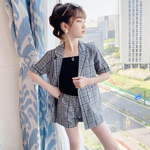 Teen Girls Tracksuit 2021 Summer 3PCS Kids Suit For Girls Clothing Sets School Plaid Jackets Vest Shorts Suit 6 8 10 12 14Years