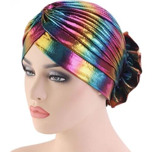 Women Hologram Metallic Rainbow Turban Hat Flower African Head Wrap Beanie Pre-Tied Elastic Bonnet Hair Loss Chemo Cap