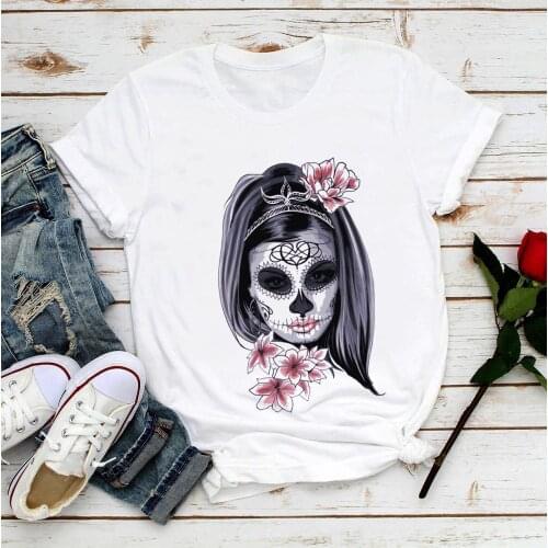 Mexico Day of the Dead calavera sugar skull funny t-shirt women summer new white casual sweet kawaii t shirt femme