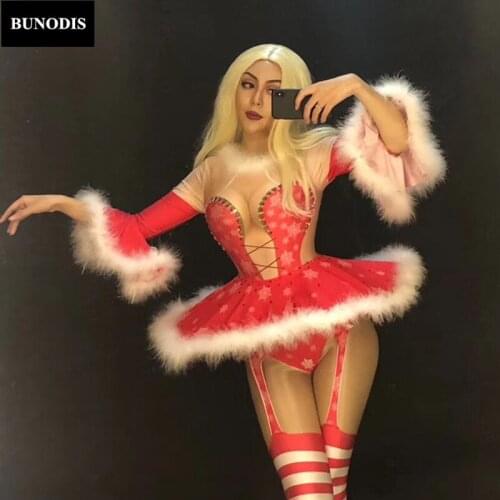 ZD394 Christmas Style Women Sexy Jumpsuit White Fluff Short Skirt Big Sleeve Nightclub Party Stage Wear Dancer Singer Bling