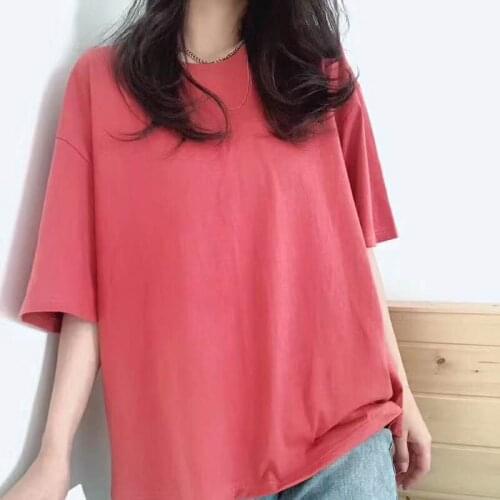 Womens summer new simple loose loose round neck mid-sleeved solid color T-shirt female cotton short-sleeved t-shirt All-match