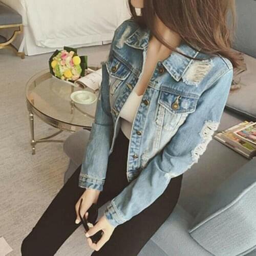 Womens Fashion Long Sleeve Ripped Hole Denim Jacket Coat Short Jacket Outwear