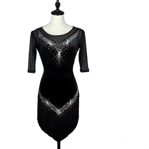 Sexy Tassels Latin Dance Performance Match Clothing Fine Rhinestones Latin Dance Dress Adult Woman New Pattern gauze sleeve