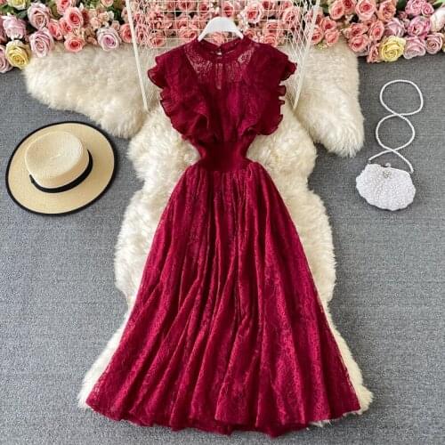 Women Dress Lace O Neck Fashion Slim Elegant Ruffled Office Lady A-LINE Mid-Calf Off Shoulder Party Dress Summer Solid Empire