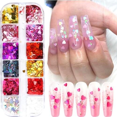 10set 12 grid Holographic Nail Art Glitter Shiny Sweet Love Heart Flakes Sequins Nails Valentines Day Decorations