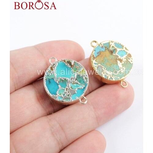 BOROSA 6pcs Copper Turquoises Connector 20mm Round Blue Stones Metal Pendant for Chain Necklace G1700