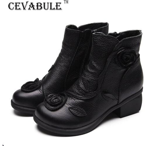 CEVABULE Genuine Leather Women Boots Cow Boots Autumn Winter Leather Ankle Boots Hand-stitched Flowers Short Boots ZXW-0048