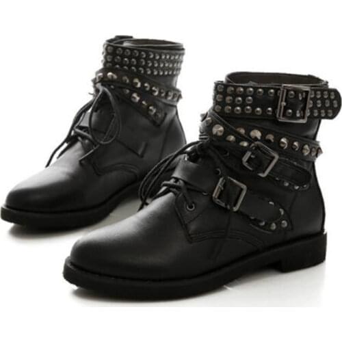 COSMAGIC 2021 New Winter Women Leather Rivet Buckle Motorcycle Boots Lace Up Gothic Punk Round Toe Platform Shoes