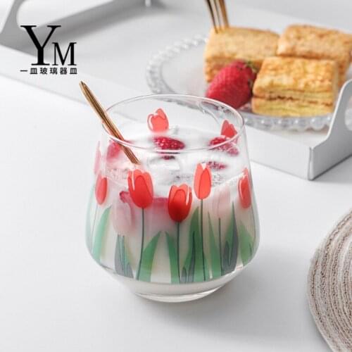Home glass drinking cup creative girl tulip flower milk juice cup drinkware mugs tulip locke glass