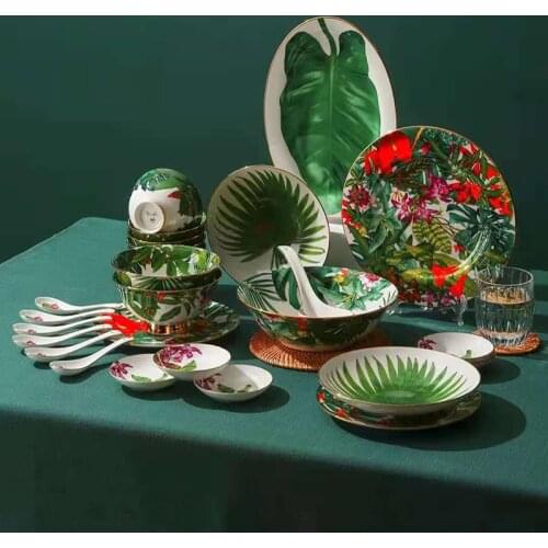 Jungle Tableware Set Bone China Dinnerware Set Big Fish Plate Soup Bowl 28pcs /set Golden Rim Rice Bowl Flat Plate Flower Design