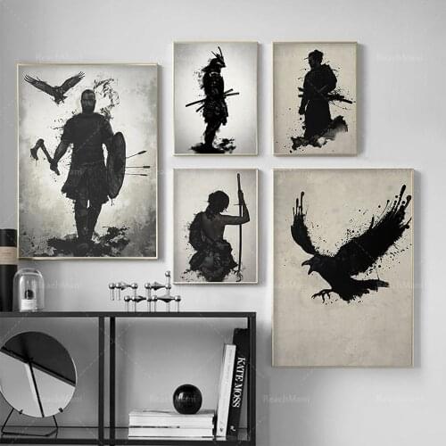 Toile d’encre japonaise Art Impression Poster Samurai Noir Blanc Mur Peintures d’art pour salon Décoration Home Decor