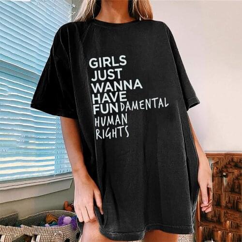 Feminist T Shirt Women Girls Just Wanna Have Fundamental Human Rights Print Drop Shoulder Half Tees Tops Summer Loose Tshirt