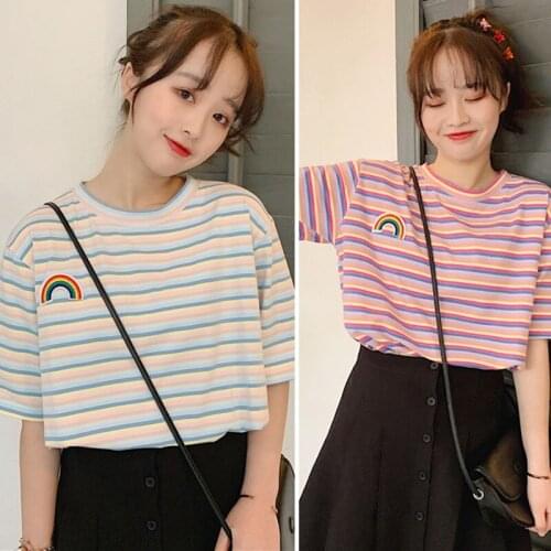 Korean Students Small Fresh Rainbow Stripes Loose Short-sleeved T-shirt Blue Stripes