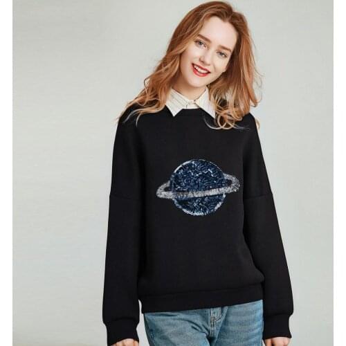 HAVVA Women Black Sequin Stitching Round Neck Cotton and Polyester Pullover Autumn Winter Full-Sleeve Slim Sweatshirt V4225