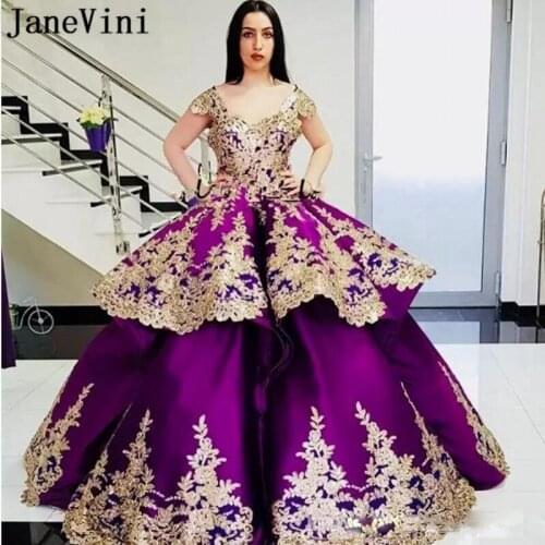 JaneVini Arabic Purple Quinceanera Dresses Ball Gown Formal Prom Dresses 2020 Satin Gold Lace Applique Tiered Sweet 16 Party