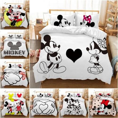 Disney Mickey Minnie Cartoon Bedding Set Lovely Couple Twin Full King Single Duvet Cover Pillow Cases Boys Girls Christmas Gift