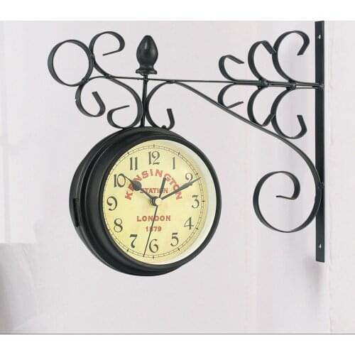Wrought Iron Antique-Look Round Wall Hanging Double Sided Faces Retro Station Clock Chandelier Wall Hanging Clock Home Decor