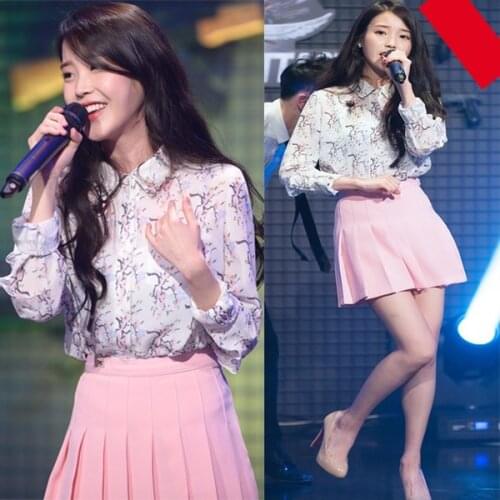 Kpop IU Lee Ji Eun summer white Floral Puff Sleeve Chiffon Shirt tops and pink Pleated skirt two piece women sweet 2 piece set