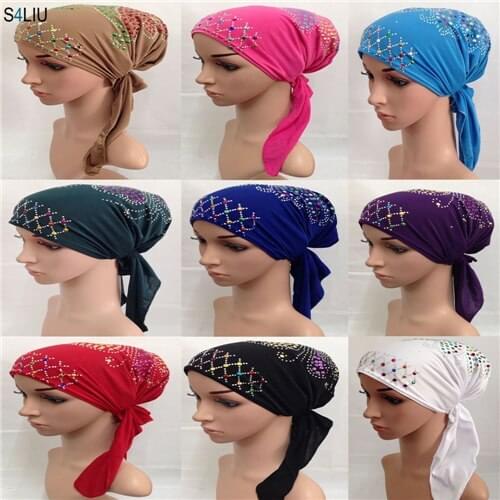 Muslim Hijab Islamic Amira Inner Caps Hats Fashion Women Rhinestone Bandage Inner Hijab Caps Underscarf Hats Arab Scarf Headwear