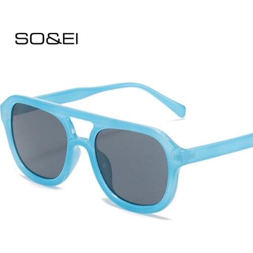 SO&EI Retro Double Bridges Square Women Sunglasses Fashion Jelly Color Eyewear Trending Men Blue Tea Sun Glasses Shades UV400
