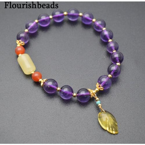 Natural Purple Amethyst and Amber Beads Charm Stretch Bracelet Fengshui Lucky Fine Jewelry