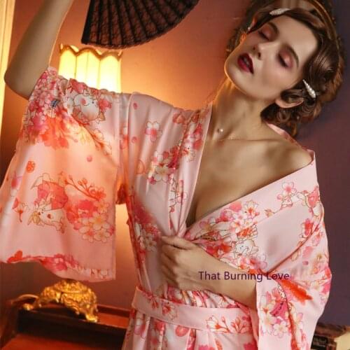 Sexy Woman Kimono Japanese Style Floral Printed Yukata V-Neck Transparent Silk Pajamas Sleepwear Ladys Retro Lingerie Nightgown