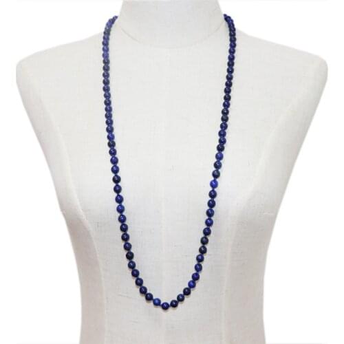 Simple Blue Beads Long Necklace Natural Lapis Lazuli Stone Fashion Jewelry for Women Chain Femme Statement Necklaces 36" A960