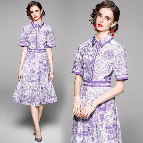Dropshipping New Summer Vintage Floral Print Collar Short Sleeve Empire Waist Women Ladies Party Casual A-Line Knee Length Dress