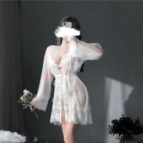 Self Tie Robe Sleepwear Dressing Gowns Women Femme Robe Sexy Nightgowns Thin Lace Sleepwear Low Cut Waist Belt Bathrobe Gown
