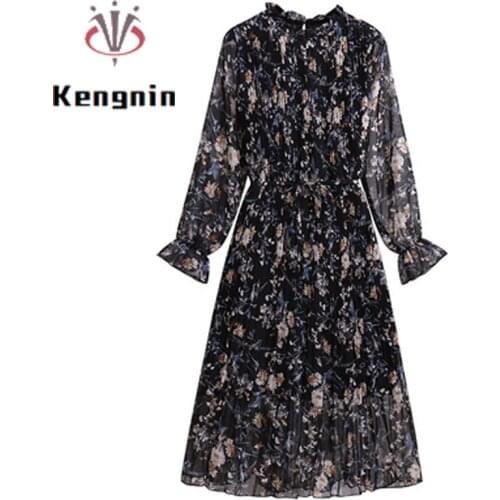 Loose 4XL Oversized Womens Tunic Dresses Autumn Print Flowers Chiffon Dresses Robe Sashes Ladies Pleated Dress Vestidos KE1882