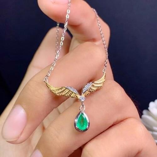 Free flight wing Natural green Emerald stone Necklace natural gemstone Pendant Necklace S925 silver woman girl gift Jewelry