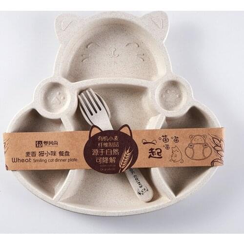 Wheat Straw cat plate childrens split plate student set tableware with a spork 3-piece set of drop-proof food bowl