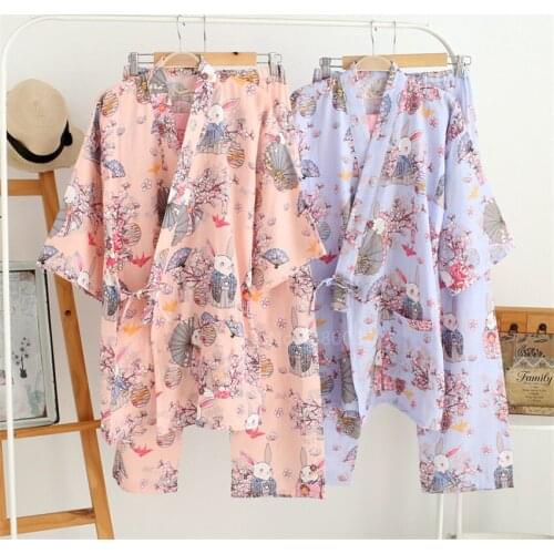 Traditional Japanese Style Kimono Yukata Sleepwear Cotton Rabbit Nightgown Lace Up Fancy Costume Pink Cartoon Clothes Floral Set