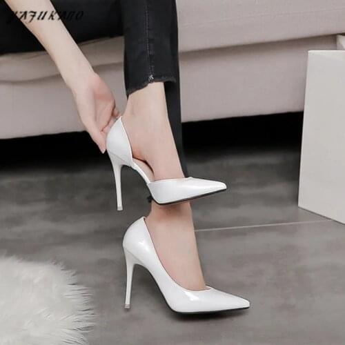 Small Fresh High Heels Stiletto Woman Pumps Fashion Side Hollow Patent Leather Temperament Single Shoes Women Party Shoes White
