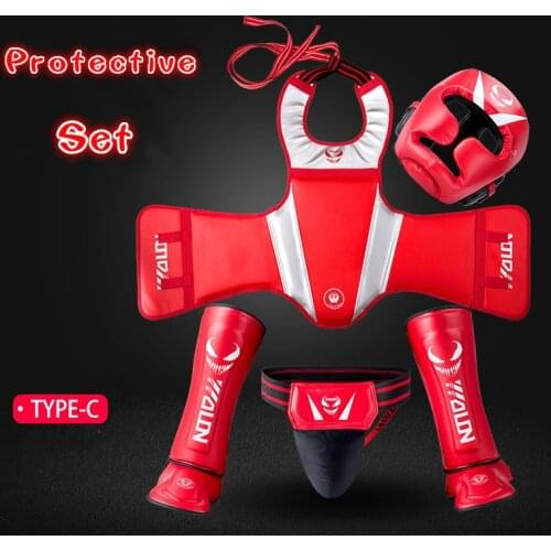 Wolon Kids Adults Taekwondo Muay Thai Boxing Protective Set Head Guard Helmet Chest Protector Shin Guards Jockstrap Training DEO